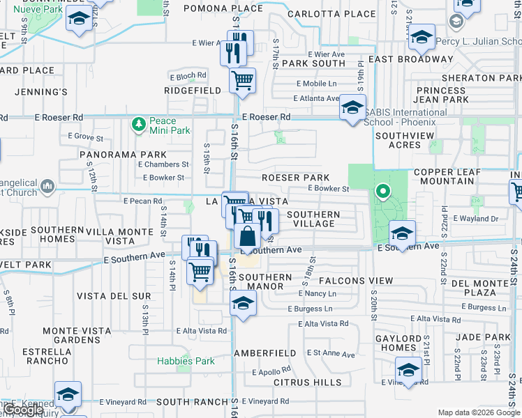 map of restaurants, bars, coffee shops, grocery stores, and more near 5633 South 16th Place in Phoenix