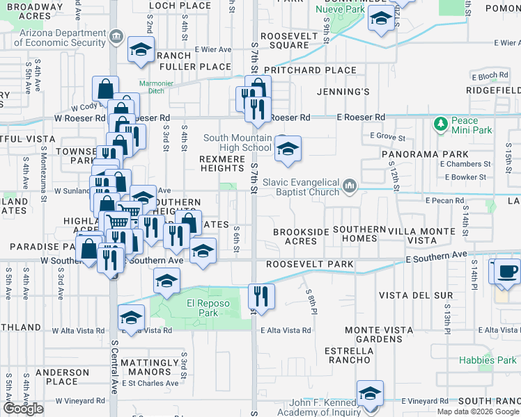 map of restaurants, bars, coffee shops, grocery stores, and more near 5644 South 7th Street in Phoenix