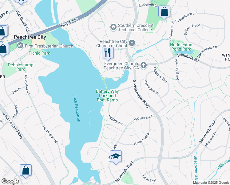 map of restaurants, bars, coffee shops, grocery stores, and more near 109 Battery Way in Peachtree City