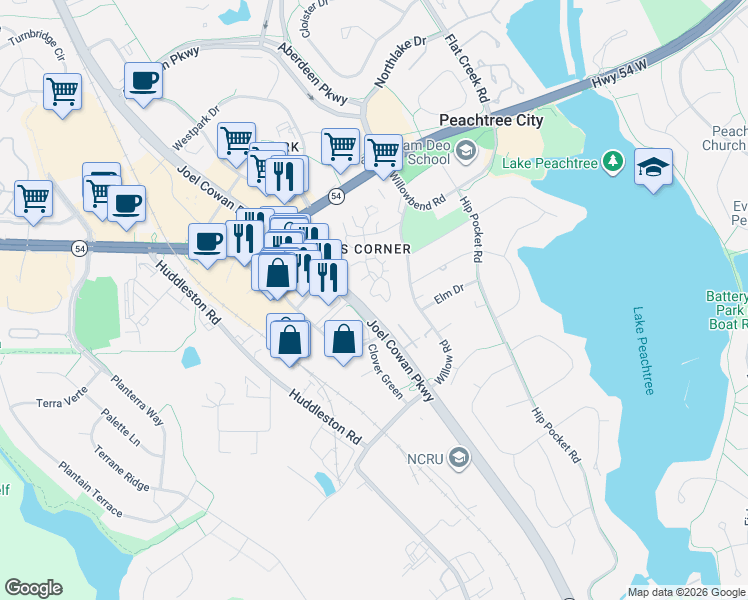 map of restaurants, bars, coffee shops, grocery stores, and more near 141 Twiggs Corners in Peachtree City