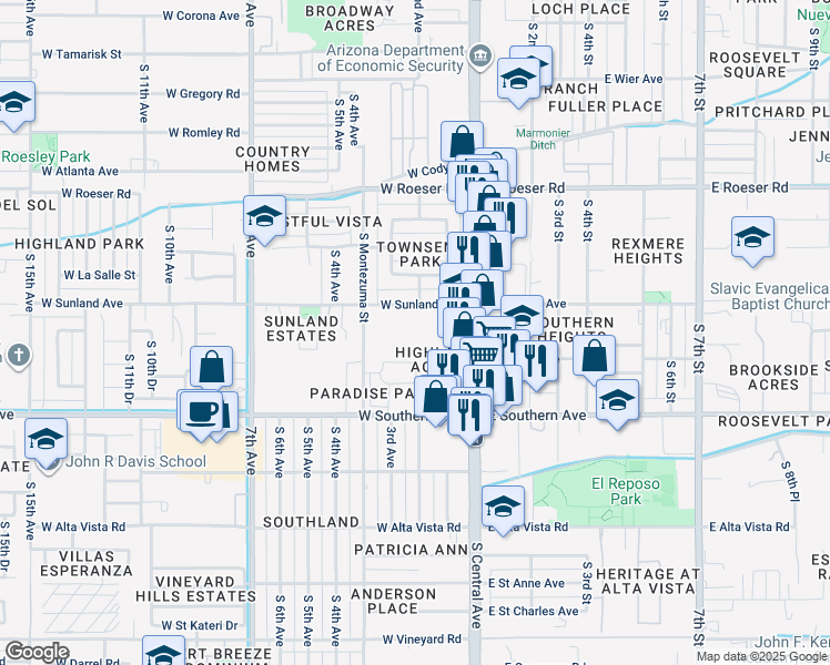 map of restaurants, bars, coffee shops, grocery stores, and more near 205 West Sunland Avenue in Phoenix