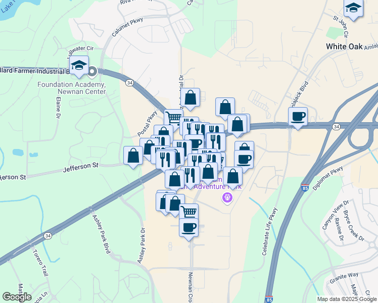 map of restaurants, bars, coffee shops, grocery stores, and more near 354 Bullsboro Drive in Newnan