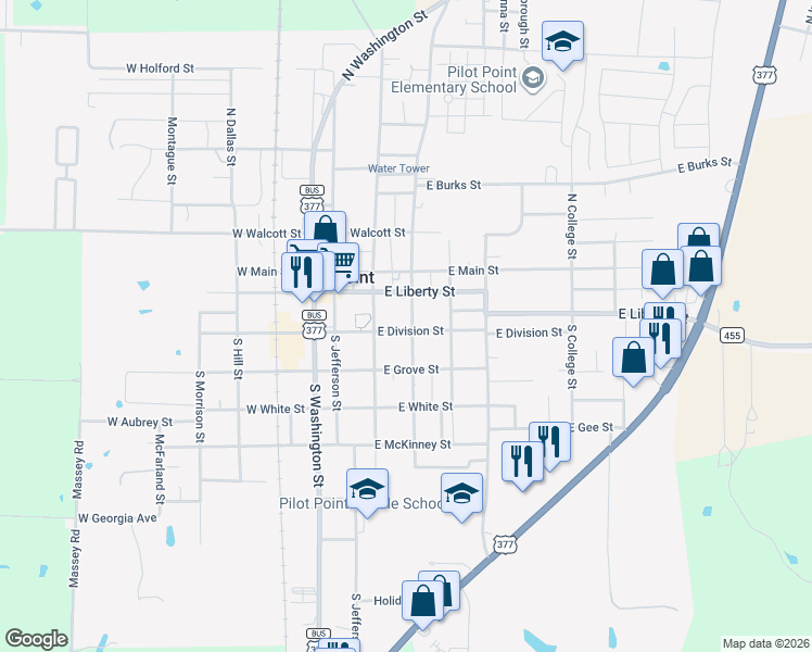 map of restaurants, bars, coffee shops, grocery stores, and more near 211 East Division Street in Pilot Point