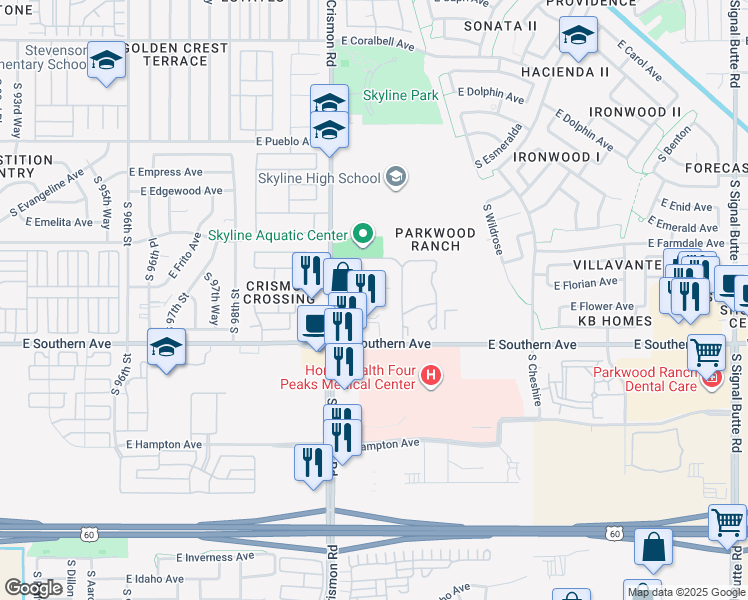 map of restaurants, bars, coffee shops, grocery stores, and more near 1103 South Crismon Road in Mesa