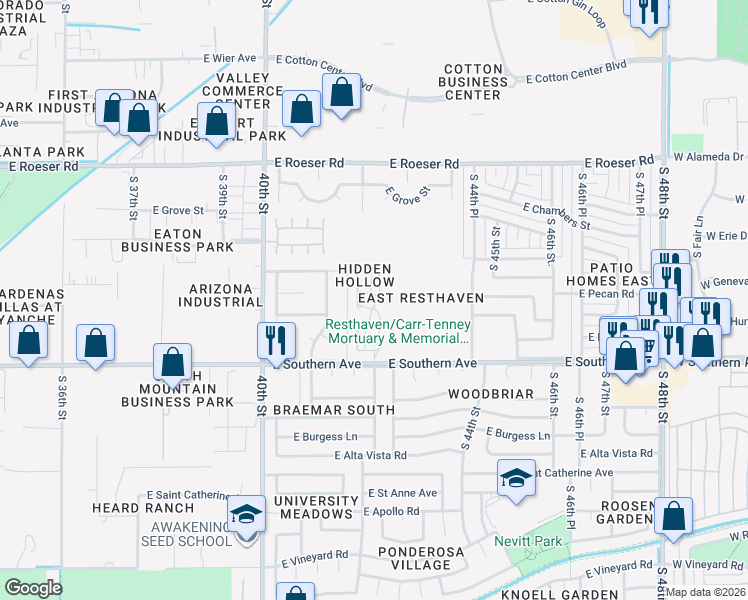 map of restaurants, bars, coffee shops, grocery stores, and more near 5661 South 42nd Place in Phoenix