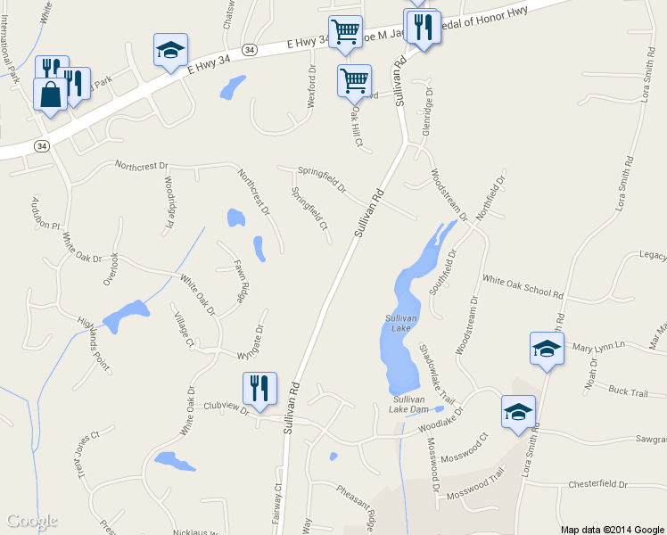 map of restaurants, bars, coffee shops, grocery stores, and more near 131 Springfield Ct in Newnan
