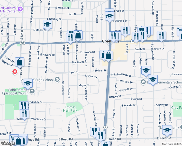 map of restaurants, bars, coffee shops, grocery stores, and more near 927 North Dyer Circle in Greenville