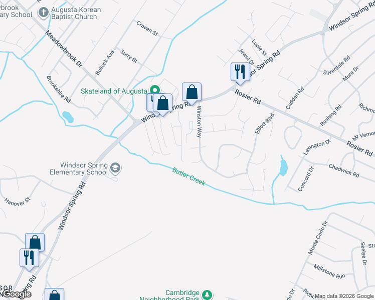 map of restaurants, bars, coffee shops, grocery stores, and more near 2260 Winston Way in Augusta