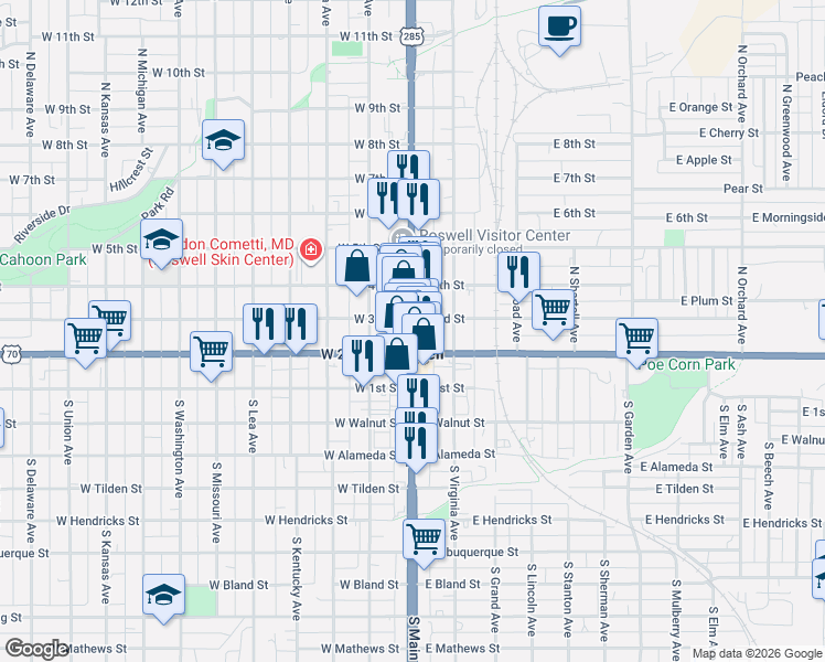 map of restaurants, bars, coffee shops, grocery stores, and more near 237 North Main Street in Roswell
