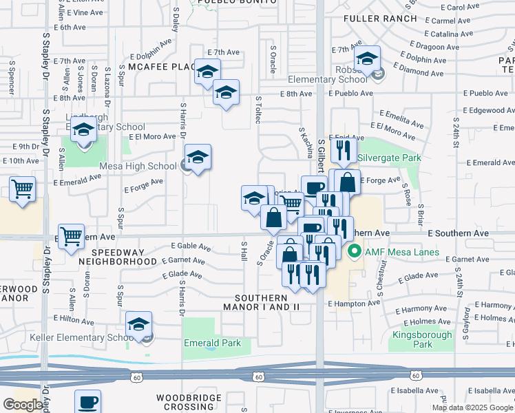 map of restaurants, bars, coffee shops, grocery stores, and more near 1818 E Southern Ave in Mesa