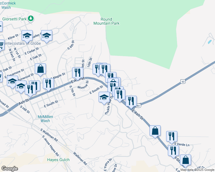 map of restaurants, bars, coffee shops, grocery stores, and more near 1608 East Ash Street in Globe