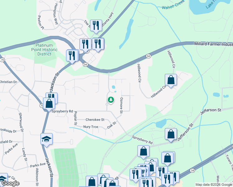 map of restaurants, bars, coffee shops, grocery stores, and more near 55 Harper's Farm Drive in Newnan