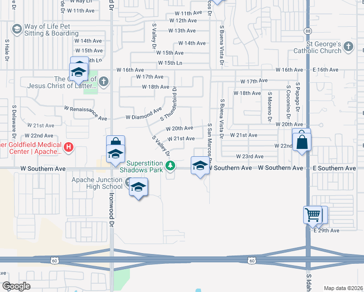 map of restaurants, bars, coffee shops, grocery stores, and more near 1028 West 22nd Avenue in Apache Junction