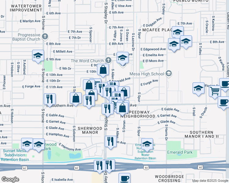 map of restaurants, bars, coffee shops, grocery stores, and more near 1111 South Stapley Drive in Mesa