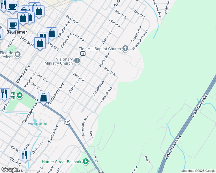 map of restaurants, bars, coffee shops, grocery stores, and more near 722 19th Street South in Bessemer