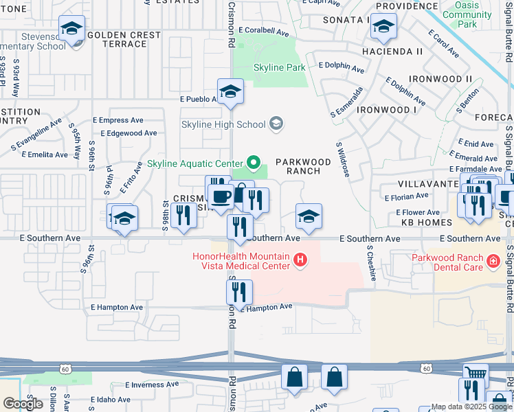 map of restaurants, bars, coffee shops, grocery stores, and more near 10136 E Southern Ave in Mesa