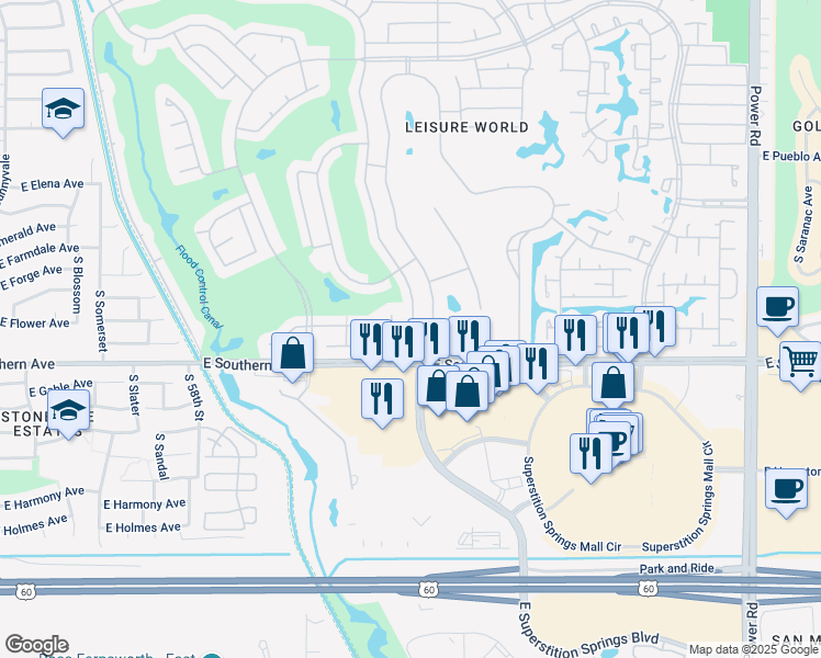 map of restaurants, bars, coffee shops, grocery stores, and more near 1104 Leisure World in Mesa