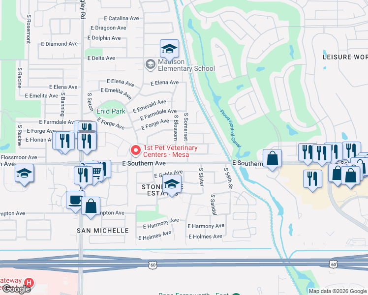 map of restaurants, bars, coffee shops, grocery stores, and more near 5510 East Southern Avenue in Mesa
