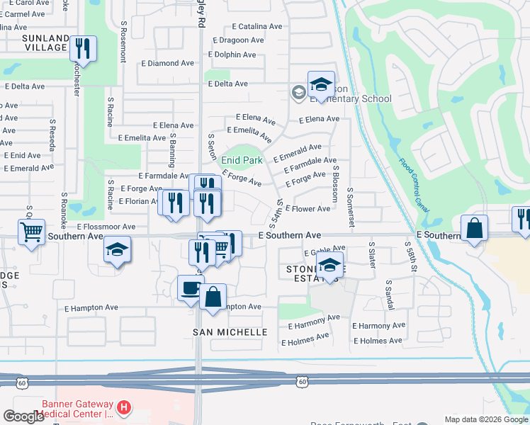 map of restaurants, bars, coffee shops, grocery stores, and more near 1154 South 53rd Place in Mesa