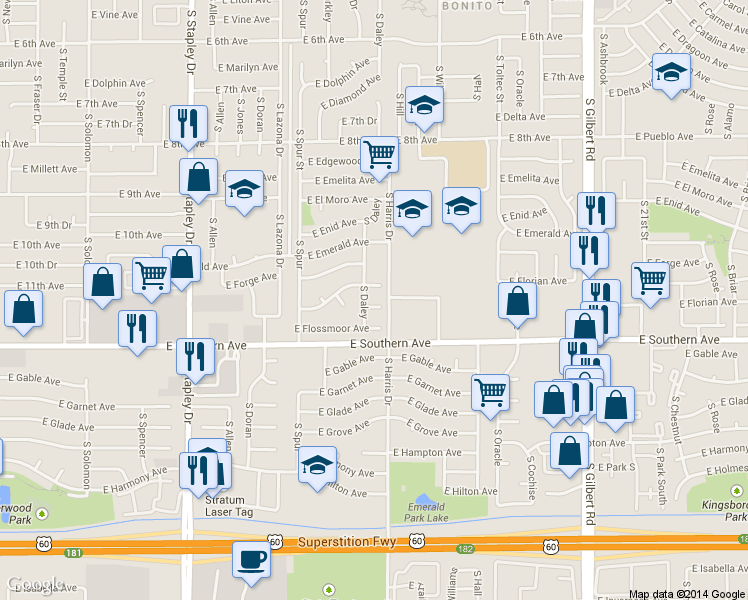 map of restaurants, bars, coffee shops, grocery stores, and more near 1132 South Daley in Mesa