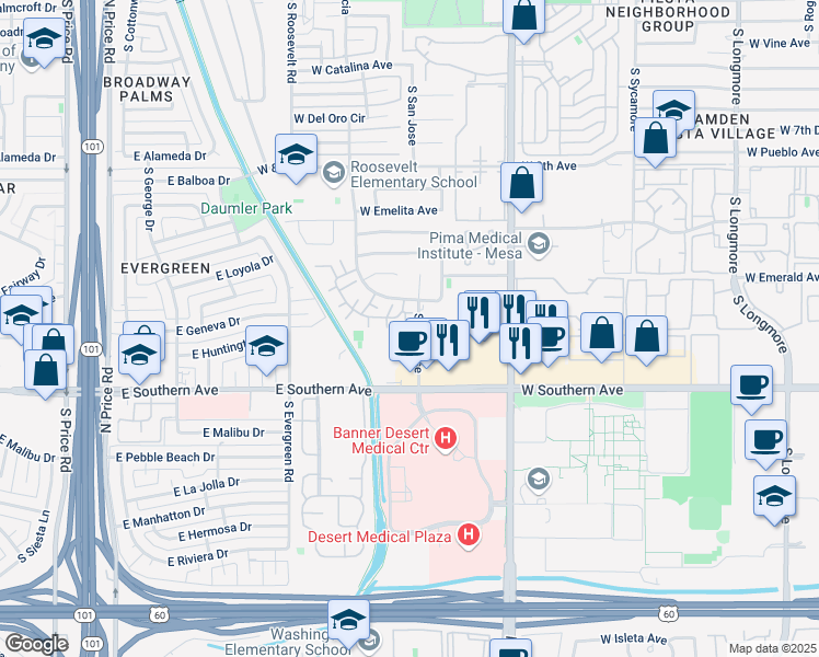map of restaurants, bars, coffee shops, grocery stores, and more near 1112 South San Jose in Mesa