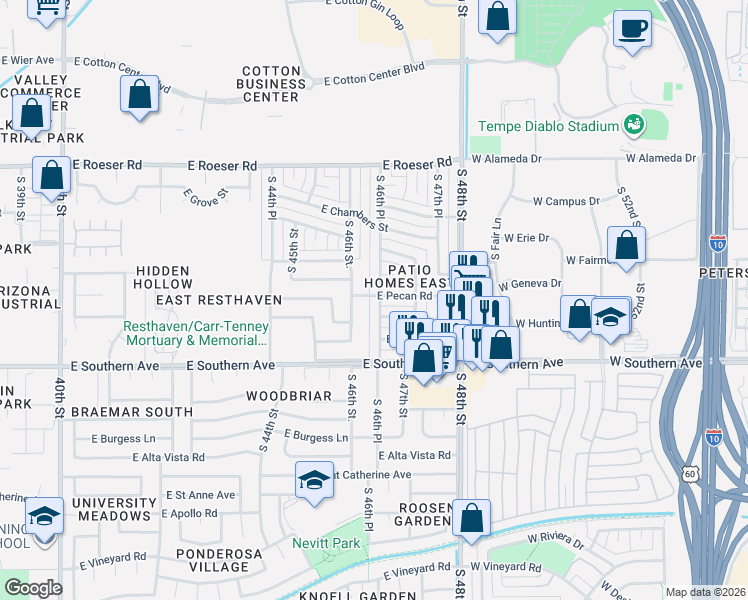 map of restaurants, bars, coffee shops, grocery stores, and more near 5636 South 46th Place in Phoenix