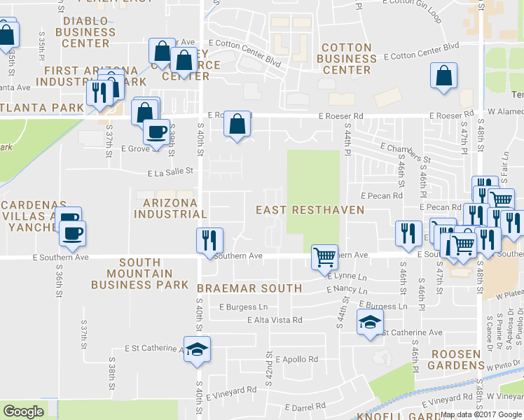 map of restaurants, bars, coffee shops, grocery stores, and more near 4155 East Wayland Road in Phoenix