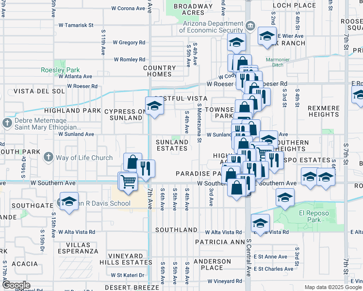 map of restaurants, bars, coffee shops, grocery stores, and more near 319 West Sunland Avenue in Phoenix