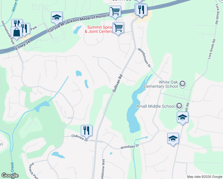map of restaurants, bars, coffee shops, grocery stores, and more near 131 Springfield Court in Newnan