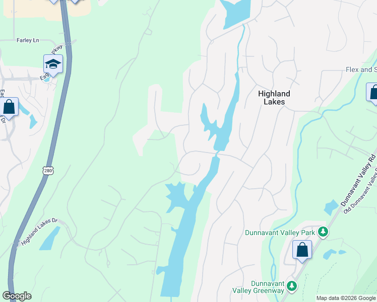 map of restaurants, bars, coffee shops, grocery stores, and more near 208 Highland Lakes Drive in Birmingham