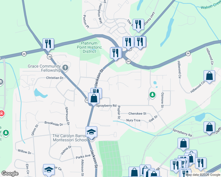 map of restaurants, bars, coffee shops, grocery stores, and more near 247 Jackson Street in Newnan