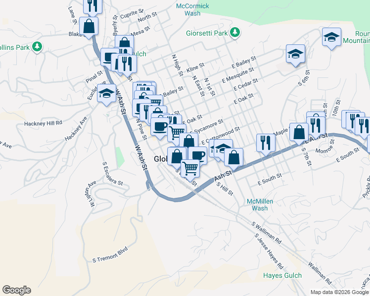 map of restaurants, bars, coffee shops, grocery stores, and more near 270 South Sutherland Street in Globe