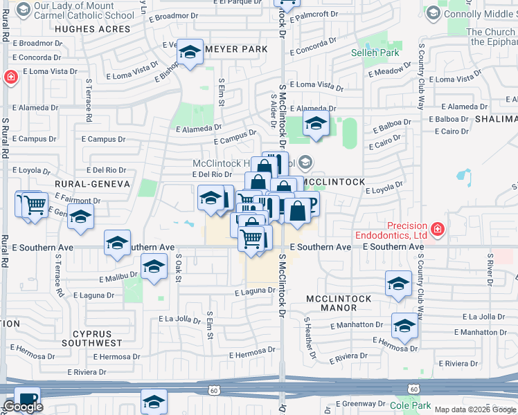 map of restaurants, bars, coffee shops, grocery stores, and more near 3210 South McClintock Drive in Tempe