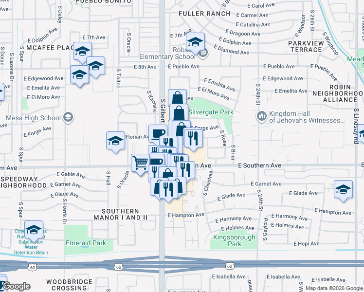 map of restaurants, bars, coffee shops, grocery stores, and more near 1107 South Gilbert Road in Mesa