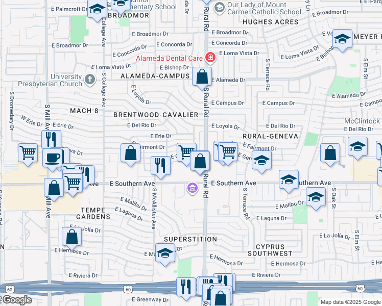 map of restaurants, bars, coffee shops, grocery stores, and more near 741 East Geneva Drive in Tempe