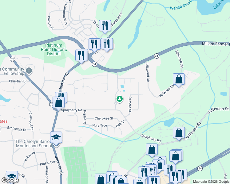 map of restaurants, bars, coffee shops, grocery stores, and more near 10 Casey Road in Newnan