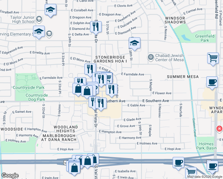 map of restaurants, bars, coffee shops, grocery stores, and more near 3622 East Southern Avenue in Mesa