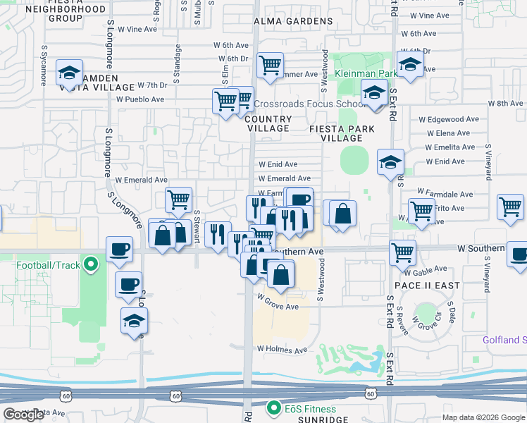 map of restaurants, bars, coffee shops, grocery stores, and more near 1150 West Southern Avenue in Mesa