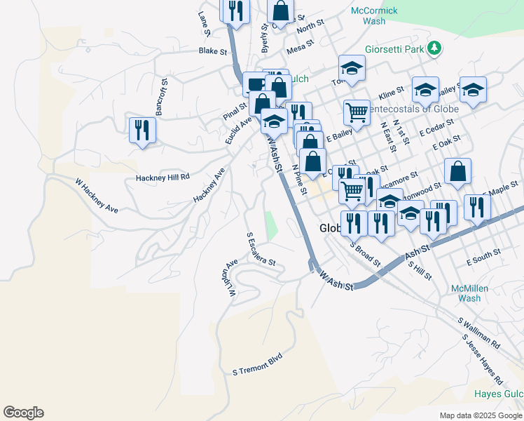 map of restaurants, bars, coffee shops, grocery stores, and more near 131 South Escalera Street in Globe