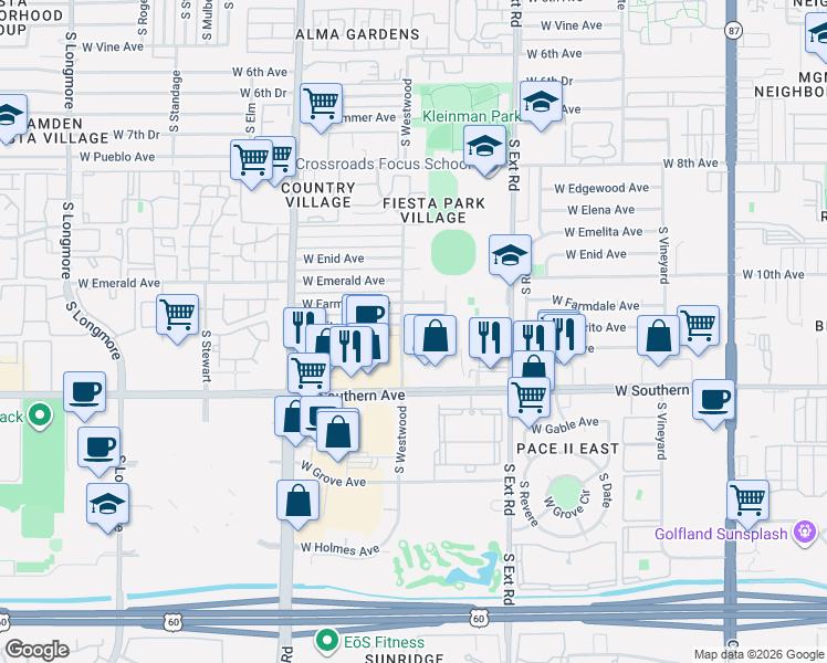 map of restaurants, bars, coffee shops, grocery stores, and more near 960 West Southern Avenue in Mesa
