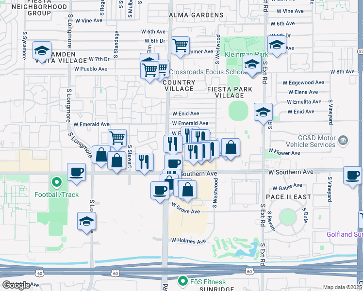 map of restaurants, bars, coffee shops, grocery stores, and more near 1150 West Southern Avenue in Mesa