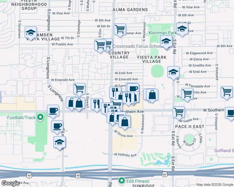 map of restaurants, bars, coffee shops, grocery stores, and more near 1150 West Southern Avenue in Mesa