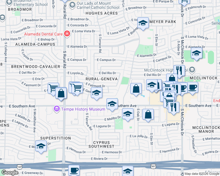 map of restaurants, bars, coffee shops, grocery stores, and more near 1209 East Geneva Drive in Tempe