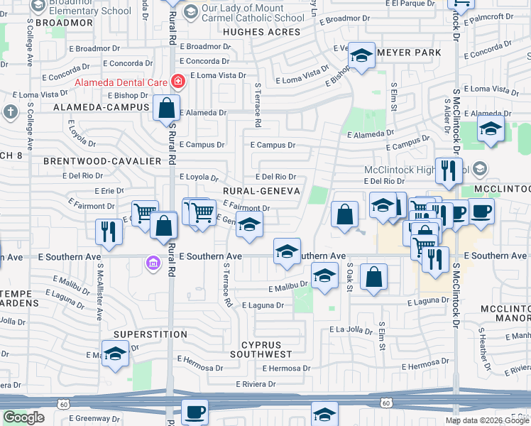 map of restaurants, bars, coffee shops, grocery stores, and more near 1133 East Geneva Drive in Tempe