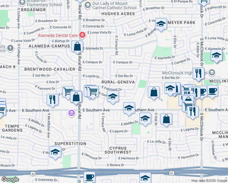 map of restaurants, bars, coffee shops, grocery stores, and more near 1133 East Geneva Drive in Tempe