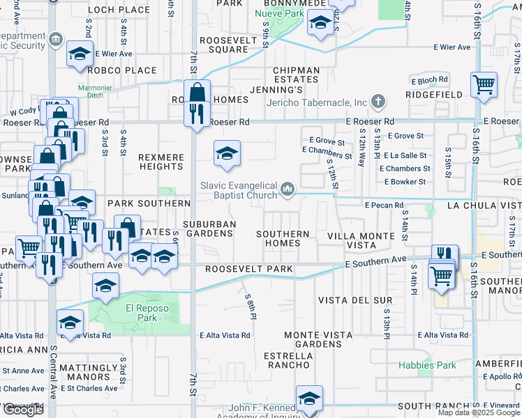 map of restaurants, bars, coffee shops, grocery stores, and more near 5630 South 9th Street in Phoenix