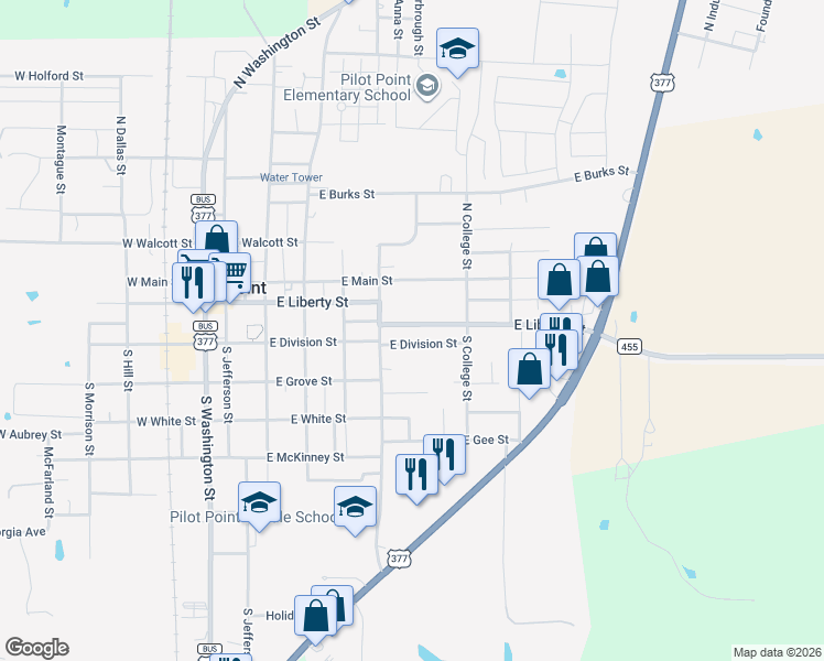 map of restaurants, bars, coffee shops, grocery stores, and more near 515 East Division Street in Pilot Point