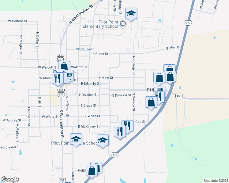 map of restaurants, bars, coffee shops, grocery stores, and more near 515 East Division Street in Pilot Point