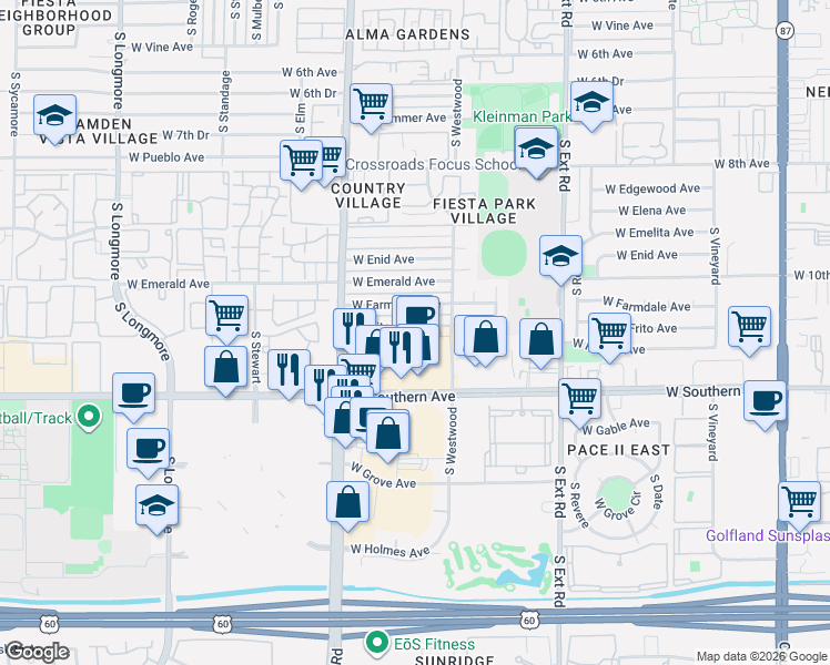map of restaurants, bars, coffee shops, grocery stores, and more near 1110 West Southern Avenue in Mesa