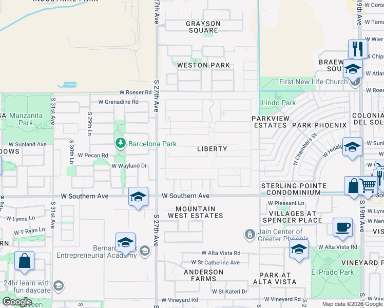 map of restaurants, bars, coffee shops, grocery stores, and more near 2531 West Pecan Road in Phoenix